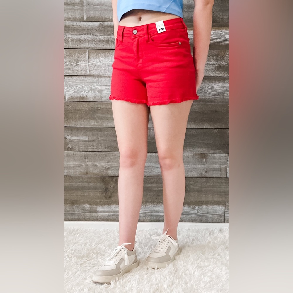 BOLD! judy blue mid rise red garment dyed fray hem cutoff shorts JB150242PL - Picture 4 of 7